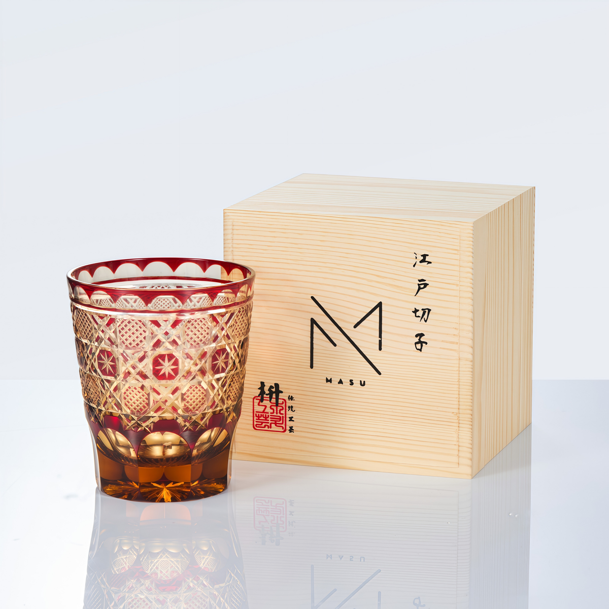 Whiskey Glass Edo Kiriko Akane Komon Collection – Hand-Cut Crimson Japanese Tumbler with Wooden Box | Shippo, Asanoha & Matsuba