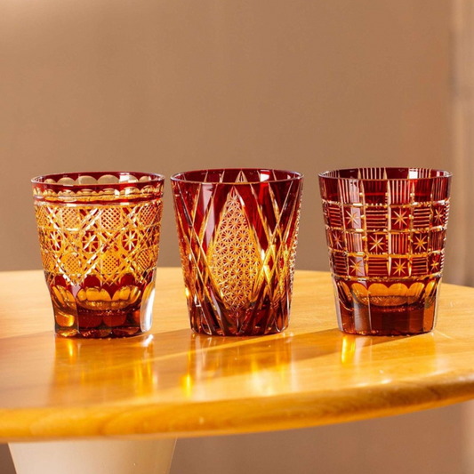 Whiskey Glass Edo Kiriko Akane Komon Collection – Hand-Cut Crimson Japanese Tumbler with Wooden Box | Shippo, Asanoha & Matsuba