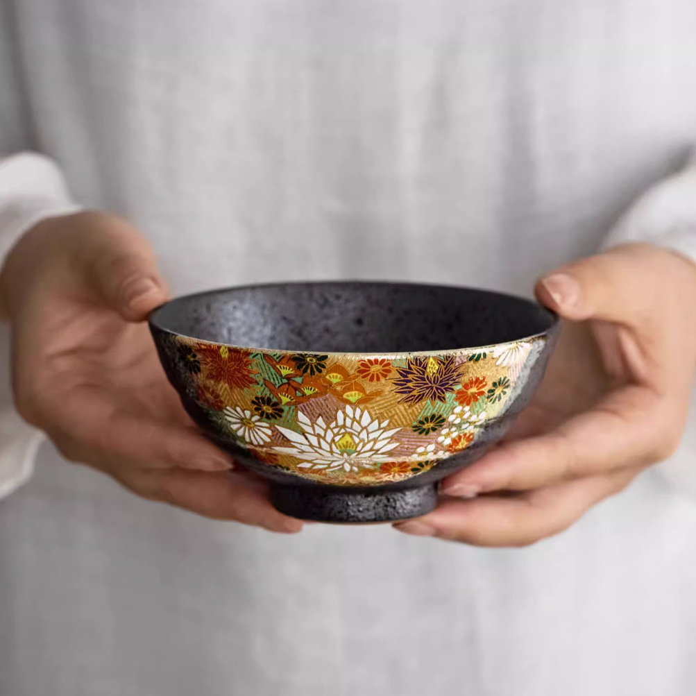 Japanese Couple Rice Bowl Set – Kutaniyaki Gold Floral Meoto