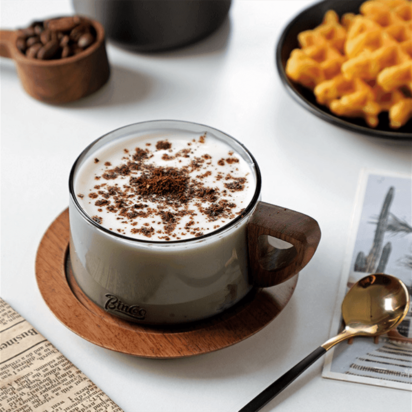 Glass Coffee Mug | Wood Handle Clear Glass Cup & Walnut Tray Set