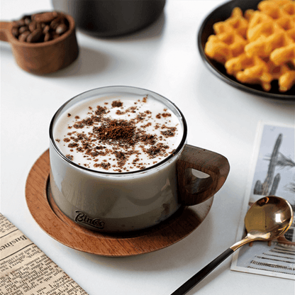 Glass Coffee Mug | Wood Handle Clear Glass Cup & Walnut Tray Set