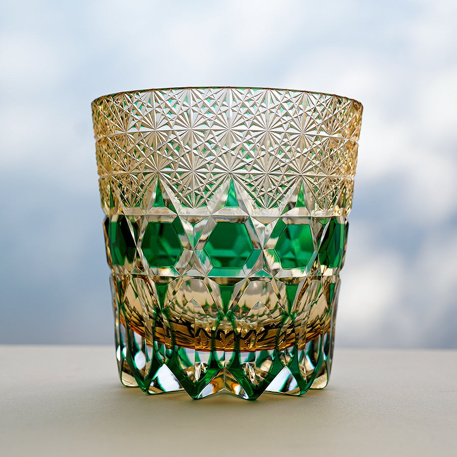Whiskey Glass Edo Kiriko Handcrafted Emerald Fluorite with Wooden Gift Box