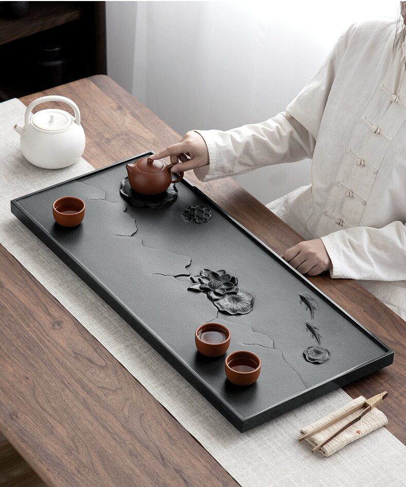 Stone Tea Tray Black Natural Lotus Carved – Gongfu 2 Sizes