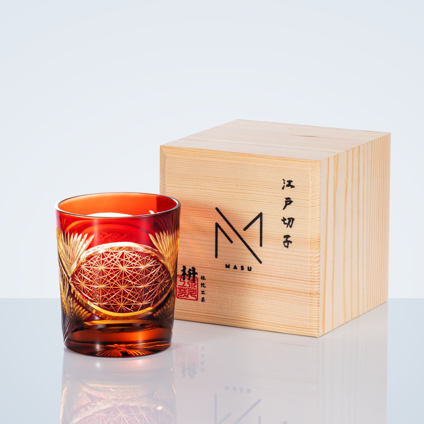 Whiskey Glass Edo Kiriko Crane Feather – Hand-Cut Japanese Tumbler with Wooden Box | 5 Amber Colors