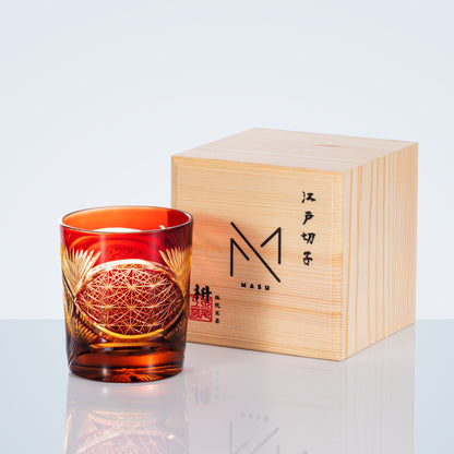 Whiskey Glass Edo Kiriko Crane Feather – Hand-Cut Japanese Tumbler with Wooden Box | 5 Amber Colors