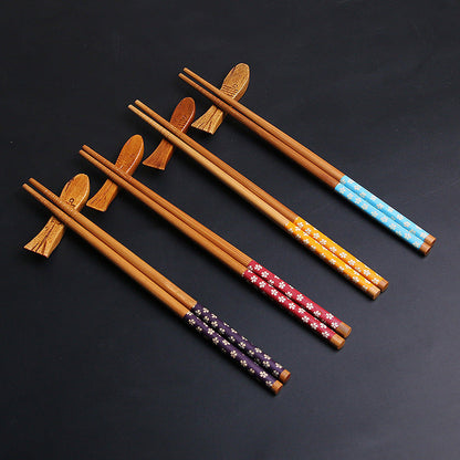 Bamboo Chopsticks Set of 4 | Japanese Sakura Hand-Painted with Chopstick Rests