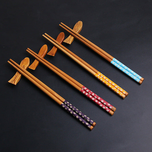 Bamboo Chopsticks Set of 4 | Japanese Sakura Hand-Painted with Chopstick Rests