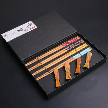 Bamboo Chopsticks Set of 4 | Japanese Sakura Hand-Painted with Chopstick Rests