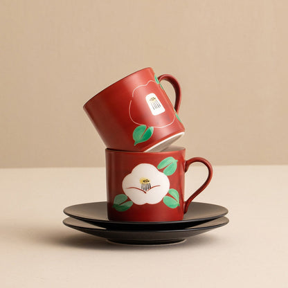 Japanese Couple Tea Cup Set – Mino Ware Red Camellia Design