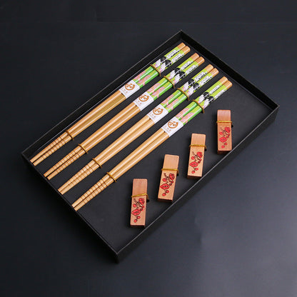Bamboo Chopsticks Set Geisha Japanese 4 Pairs with Rests Gift Box