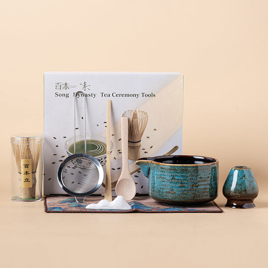 Matcha Tea Set Blue Green Glaze Ceramic Chawan Whisk Kit