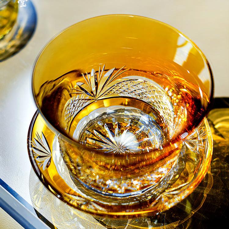 Tea Set Handcrafted Amber Glass Chrysanthemum Engraved Japanese Tea Ceremony Set Artisan Teacup Gift