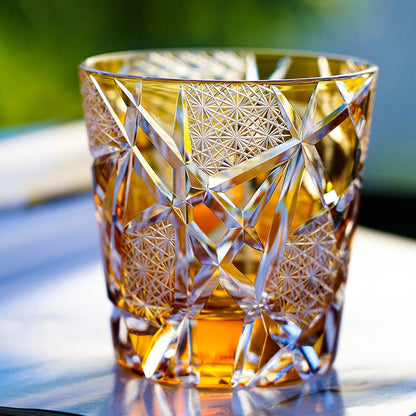 Whiskey Glass Edo Kiriko Amber Crane Lightning – Hand-Cut Japanese Tumbler with Wooden Box