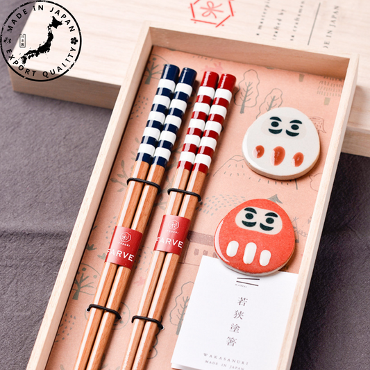 Daruma Chopsticks Wedding Gift Set Japanese Handcrafted His and Hers with Rests and Wooden Box