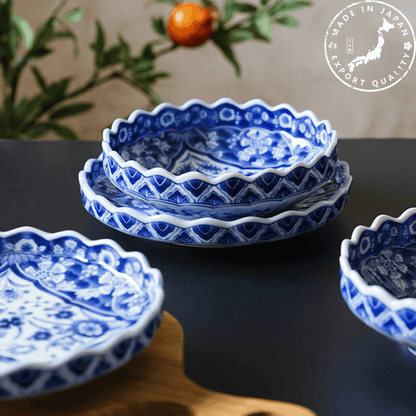 Blue and White Ceramic Bowl and Plate Japanese Handcrafted Traditional Nature Floral Design