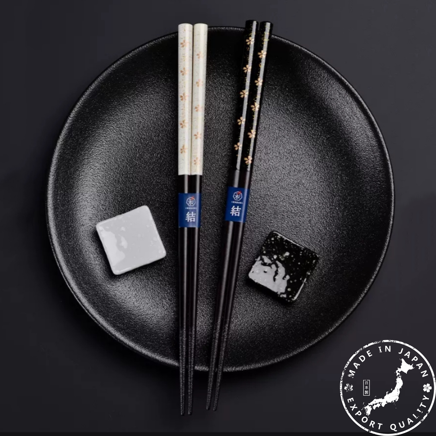 Wedding Chopsticks Gift Set | Golden Sakura Couple Black White