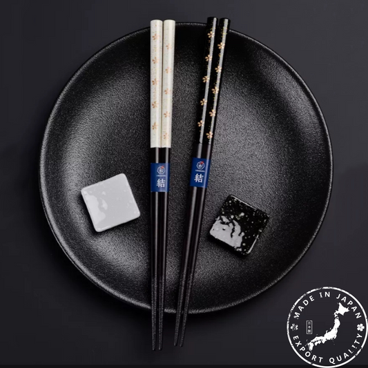 Wedding Chopsticks Gift Set | Golden Sakura Couple Black White