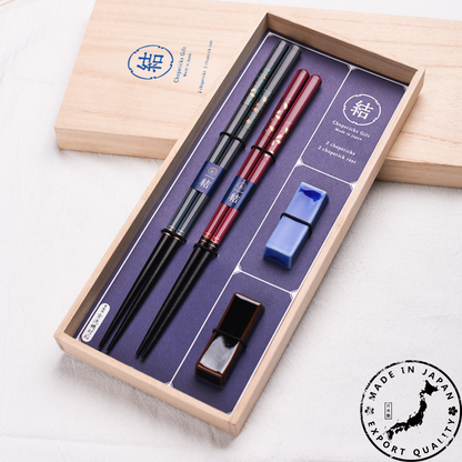 Wooden Chopsticks Wedding Gift Set Ayaka Japanese Handcrafted His and Hers with Rests and Wooden Box