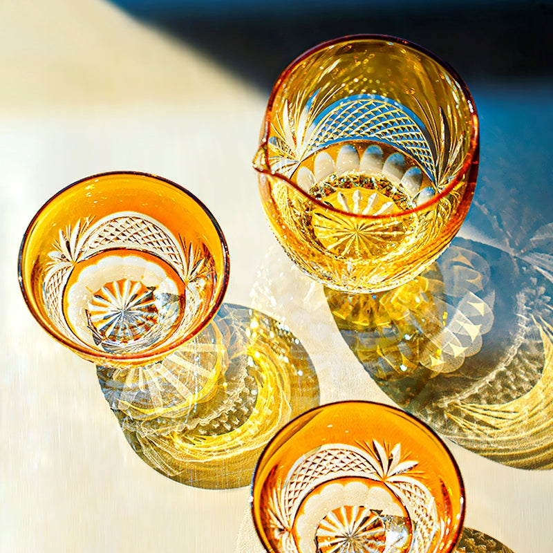 Tea Set Handcrafted Amber Glass Chrysanthemum Engraved Japanese Tea Ceremony Set Artisan Teacup Gift