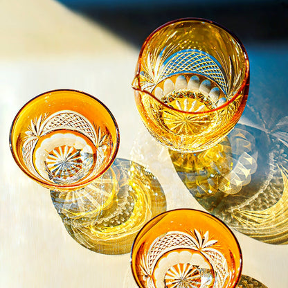 Tea Set Handcrafted Amber Glass Chrysanthemum Engraved Japanese Tea Ceremony Set Artisan Teacup Gift
