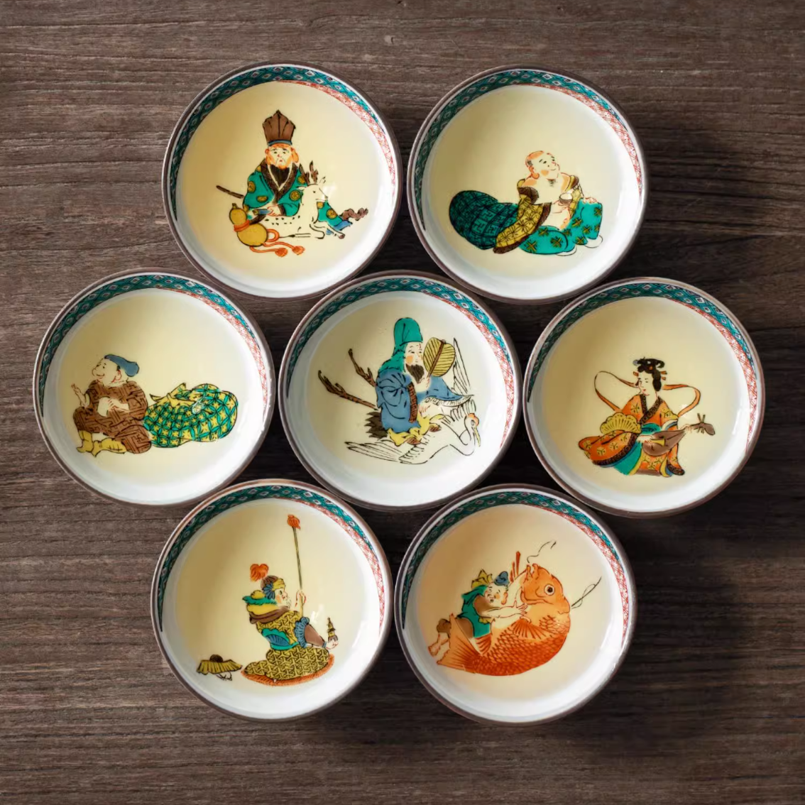 Japanese Tea Cup Set – Kutaniyaki Seven Lucky Gods 7 Cups