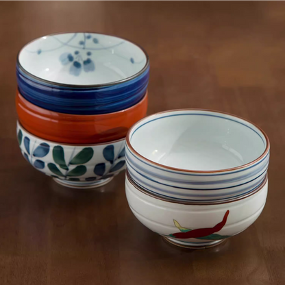 Bowl Set Arita Ware Shikayama Hand-Painted Japanese Ceramic Rice Bowl Set of 5 Wooden Box Made in Japan