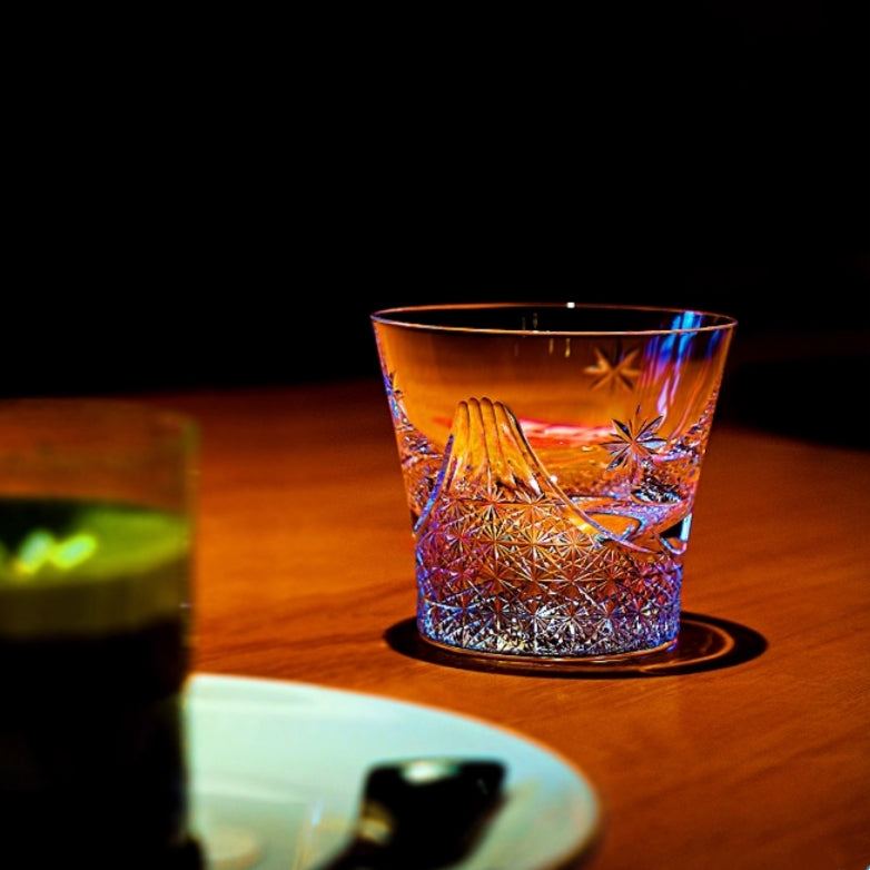 Whiskey Glass Edo Kiriko Handcrafted Fuji no Mine with Wooden Gift Box