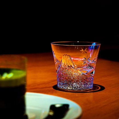 Whiskey Glass Edo Kiriko Handcrafted Fuji no Mine with Wooden Gift Box