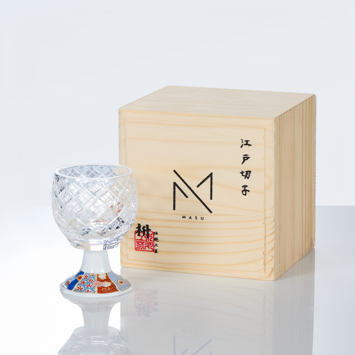 Sake Goblet Glass Edo Kiriko Kazaridai Hand-Cut Crystal & Mino Ware Porcelain Base | Japanese Artisan