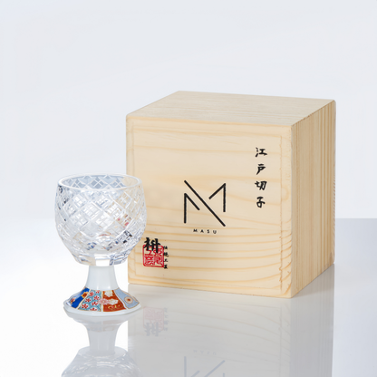 Sake Goblet Glass Edo Kiriko Kazaridai Hand-Cut Crystal & Mino Ware Porcelain Base | Japanese Artisan
