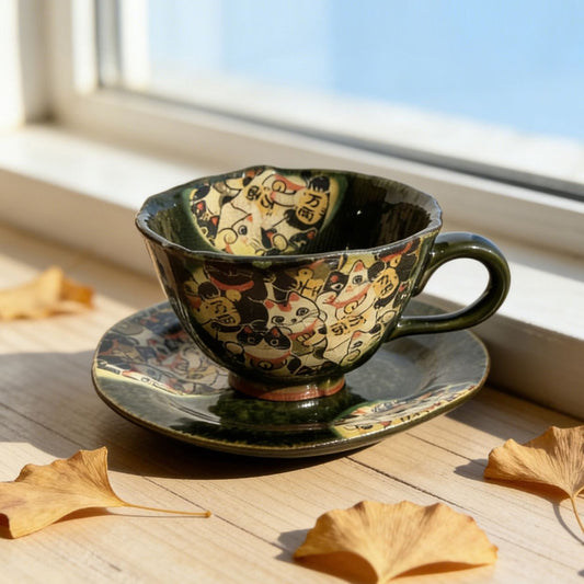 Coffee Cup & Saucer Set – Mino Ware Lucky Cat Oribe Green