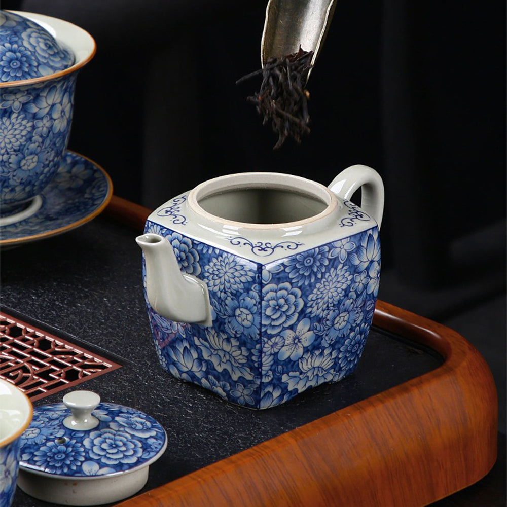 Kung Fu Tea Set Ruyao Blue White Floral 15pcs with Tray