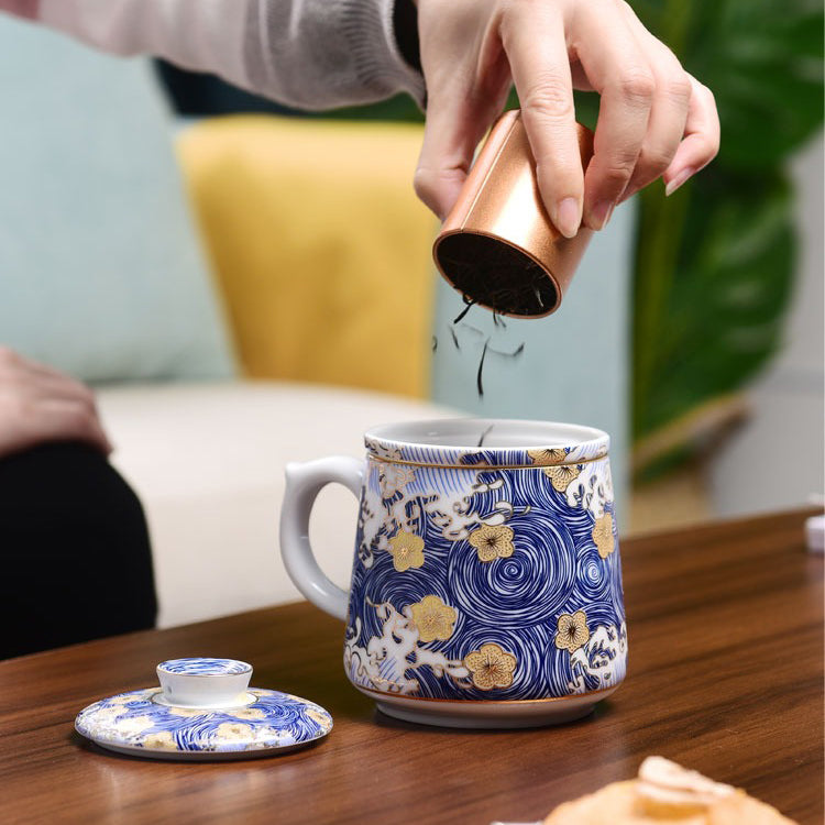 Tea Cup with Infuser Sea Wave Enamel Porcelain 400ml
