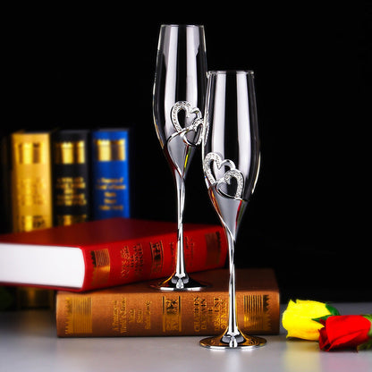 Champagne Glass Gift Set – Crystal Heart Silver Gold Rose