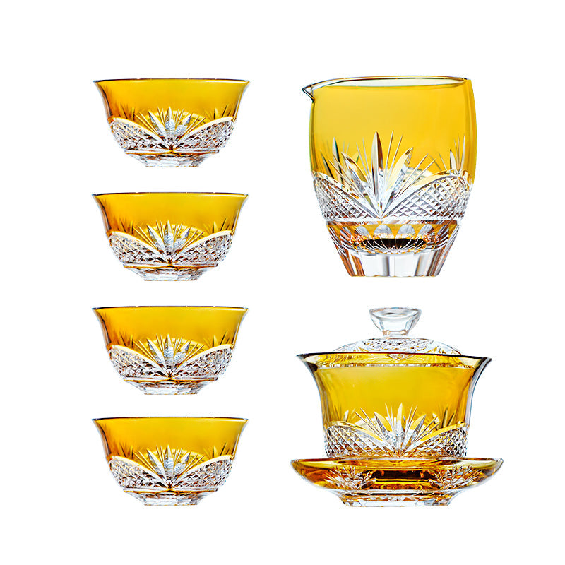Tea Set Handcrafted Amber Glass Chrysanthemum Engraved Japanese Tea Ceremony Set Artisan Teacup Gift