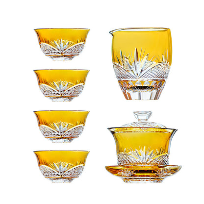 Tea Set Handcrafted Amber Glass Chrysanthemum Engraved Japanese Tea Ceremony Set Artisan Teacup Gift