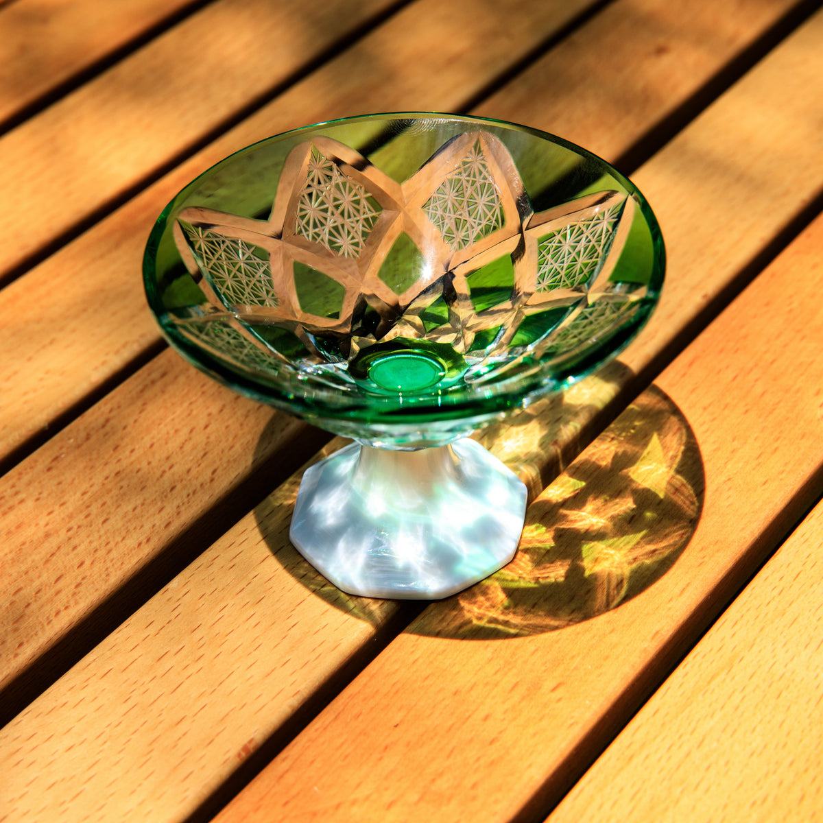 Sake Glass Edo Kiriko Kohaku Yarai Hand-Cut Crystal & Porcelain Base | Ruri Blue Jade Green Japanese