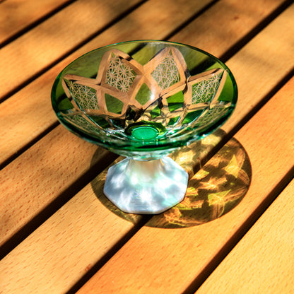 Sake Glass Edo Kiriko Kohaku Yarai Hand-Cut Crystal & Porcelain Base | Ruri Blue Jade Green Japanese