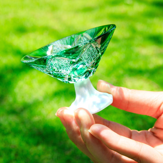 Sake Glass Edo Kiriko Kohaku Yarai Hand-Cut Crystal & Porcelain Base | Ruri Blue Jade Green Japanese