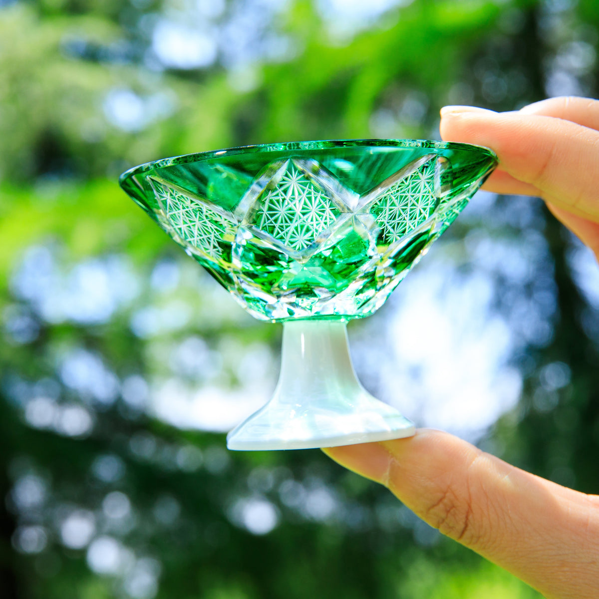 Sake Glass Edo Kiriko Kohaku Yarai Hand-Cut Crystal & Porcelain Base | Ruri Blue Jade Green Japanese