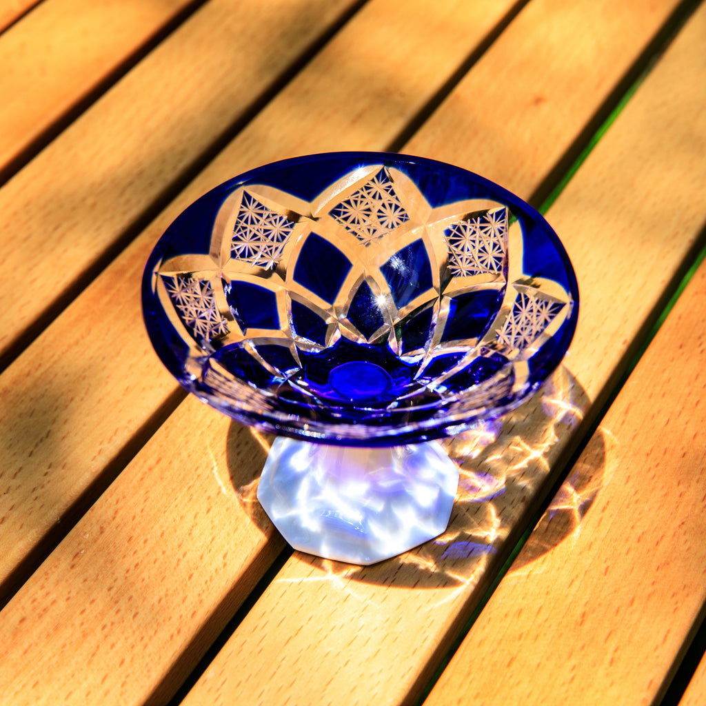 Sake Glass Edo Kiriko Kohaku Yarai Hand-Cut Crystal & Porcelain Base | Ruri Blue Jade Green Japanese