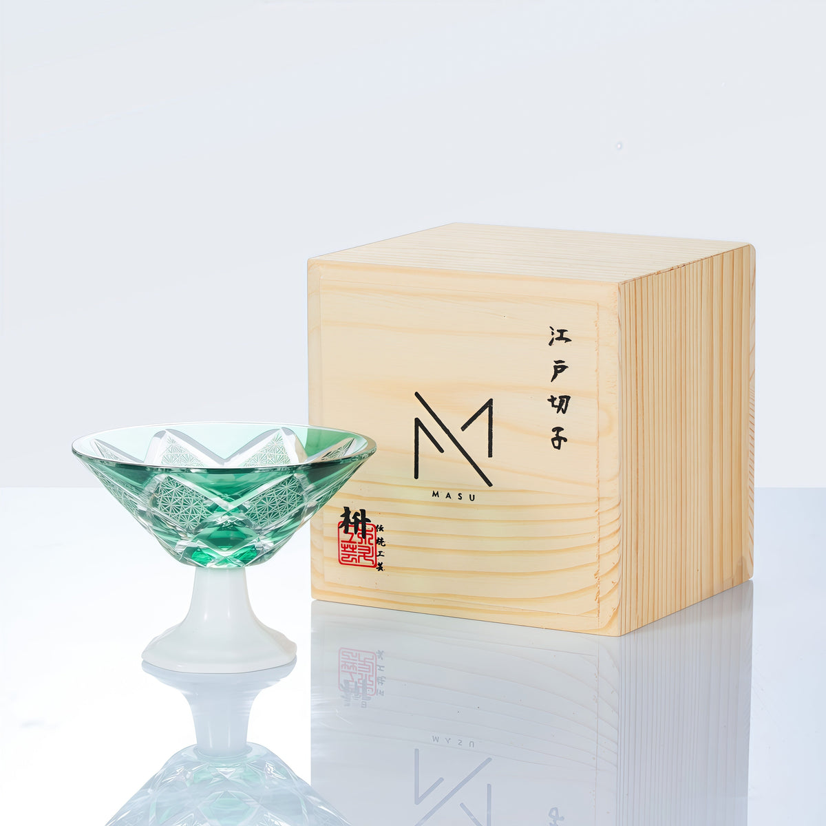 Sake Glass Edo Kiriko Kohaku Yarai Hand-Cut Crystal & Porcelain Base | Ruri Blue Jade Green Japanese
