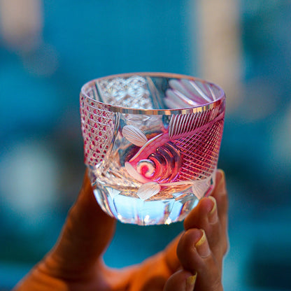 Whiskey Glass Rose Koi | Edo Kiriko Handcrafted Red Crystal Barware