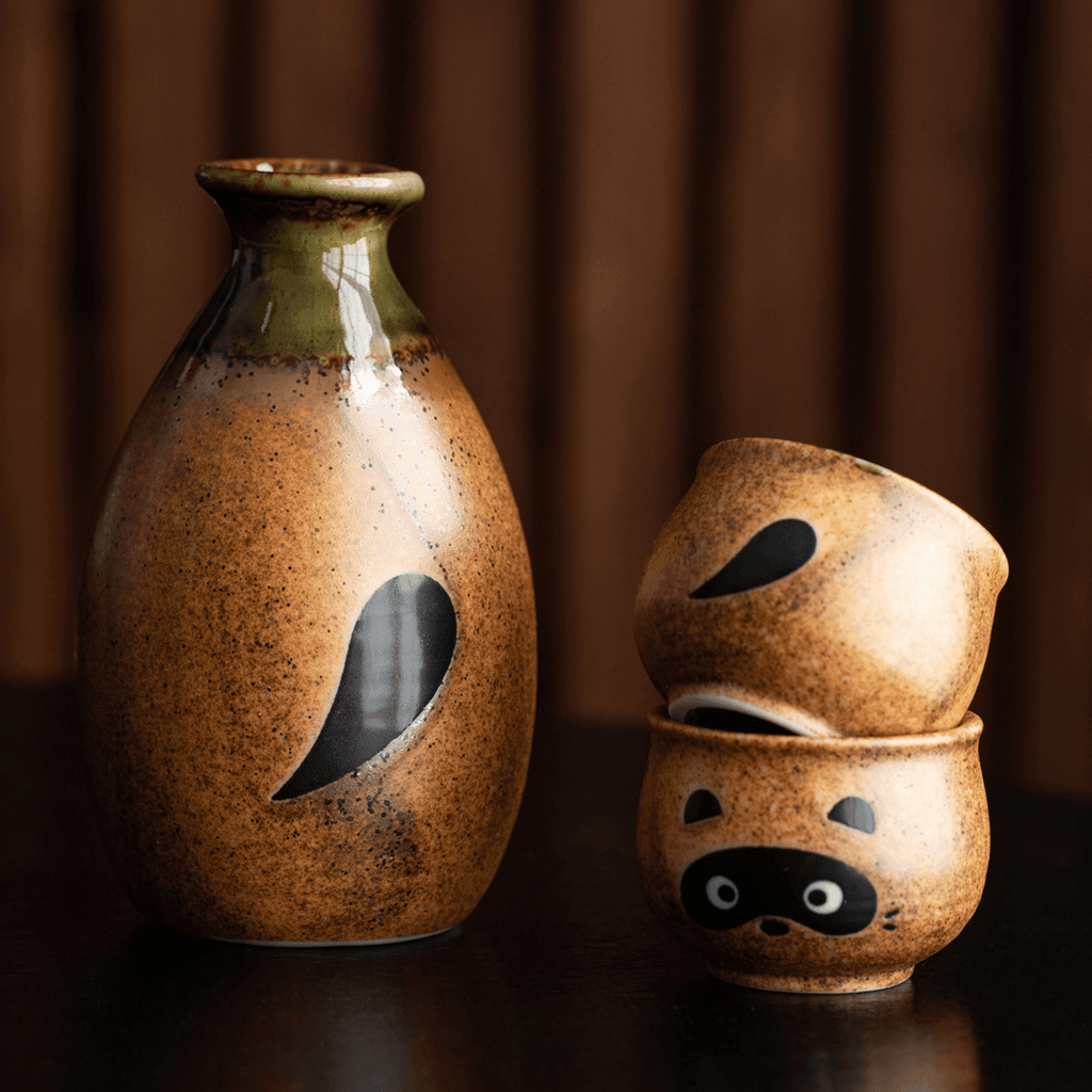 Ceramic Sake Set Tanuki Japanese Handcrafted Raccoon Folk Art Lucky