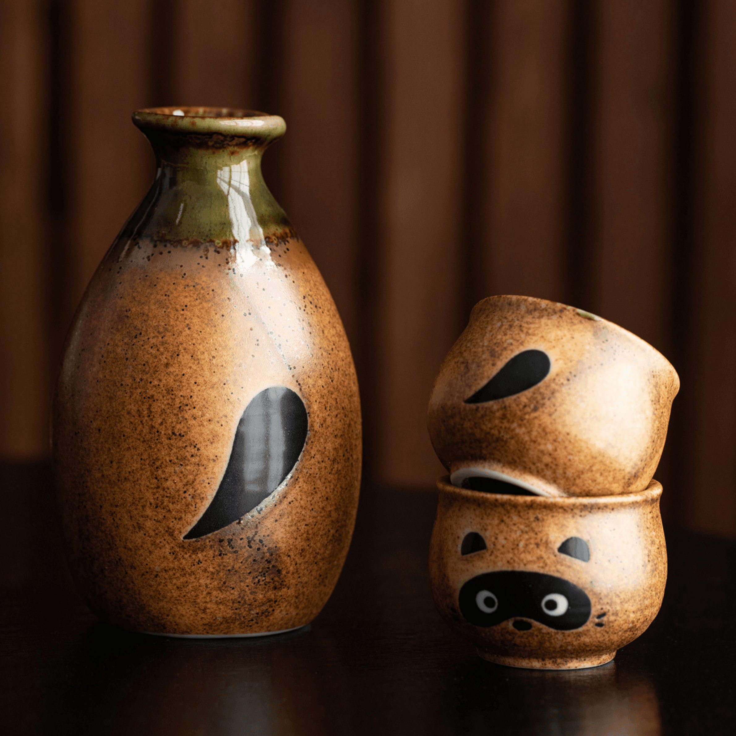 Ceramic Sake Set Tanuki Japanese Handcrafted Raccoon Folk Art Lucky