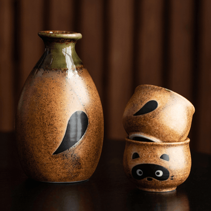 Ceramic Sake Set Tanuki Japanese Handcrafted Raccoon Folk Art Lucky