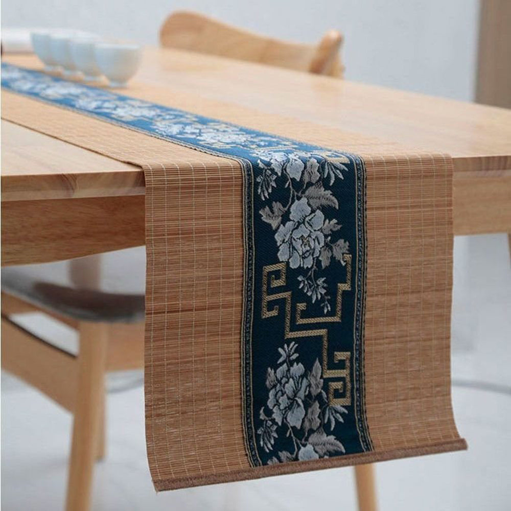 Bamboo Tea Table Mat Blue Satin Embroidery 3 Sizes Rollable