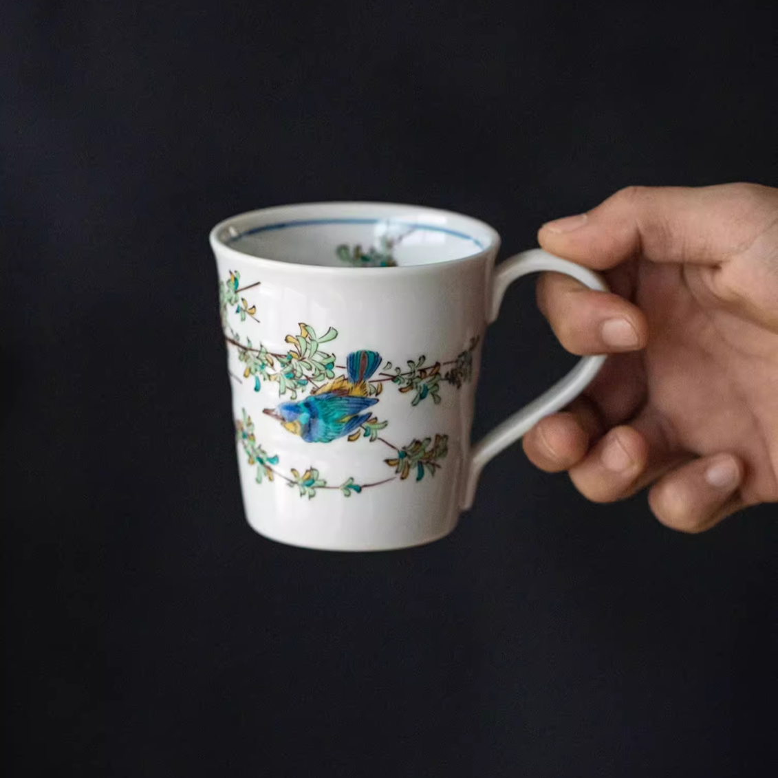Japanese Ceramic Mug – Kutaniyaki Floral Bird Swallow Forest