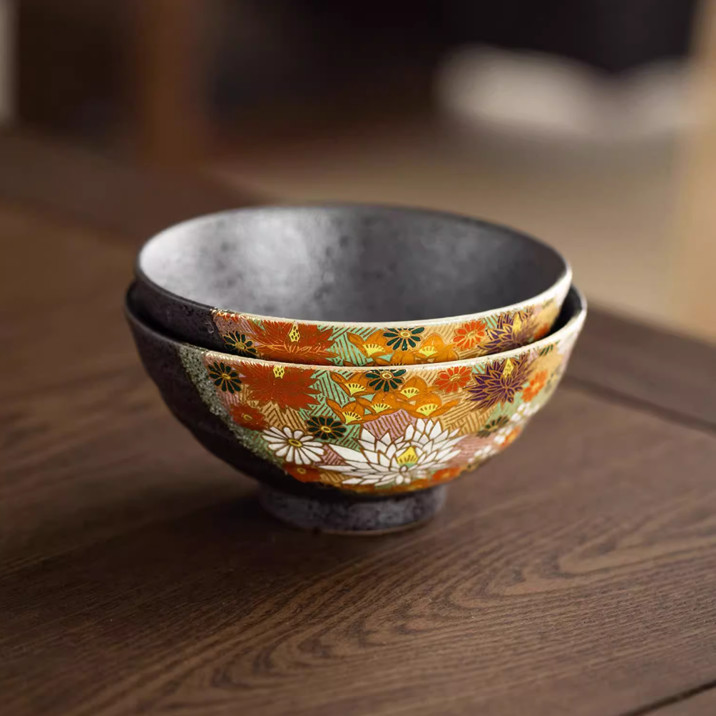 Japanese Couple Rice Bowl Set – Kutaniyaki Gold Floral Meoto