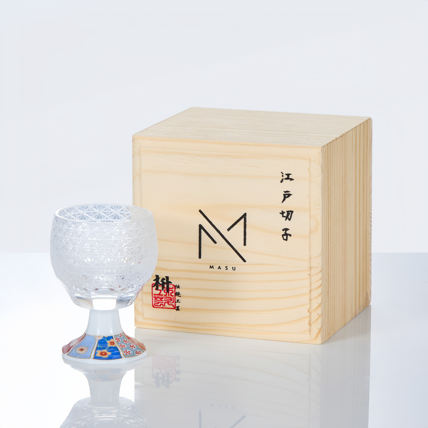 Sake Goblet Glass Edo Kiriko Kazaridai Hand-Cut Crystal & Mino Ware Porcelain Base | Japanese Artisan